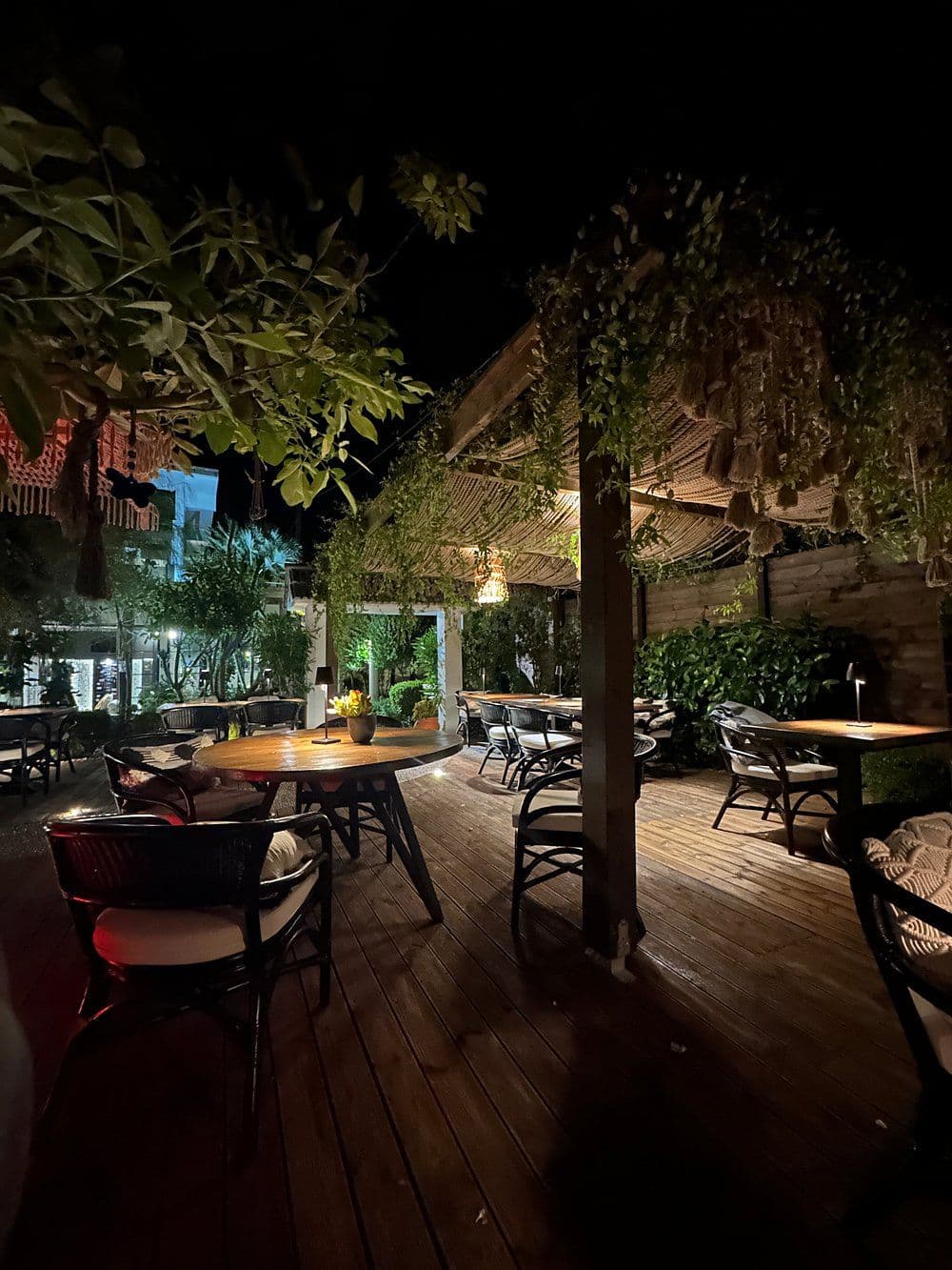 The garden terrace at Mariposa, Theologos, Rhodes, during dinner service